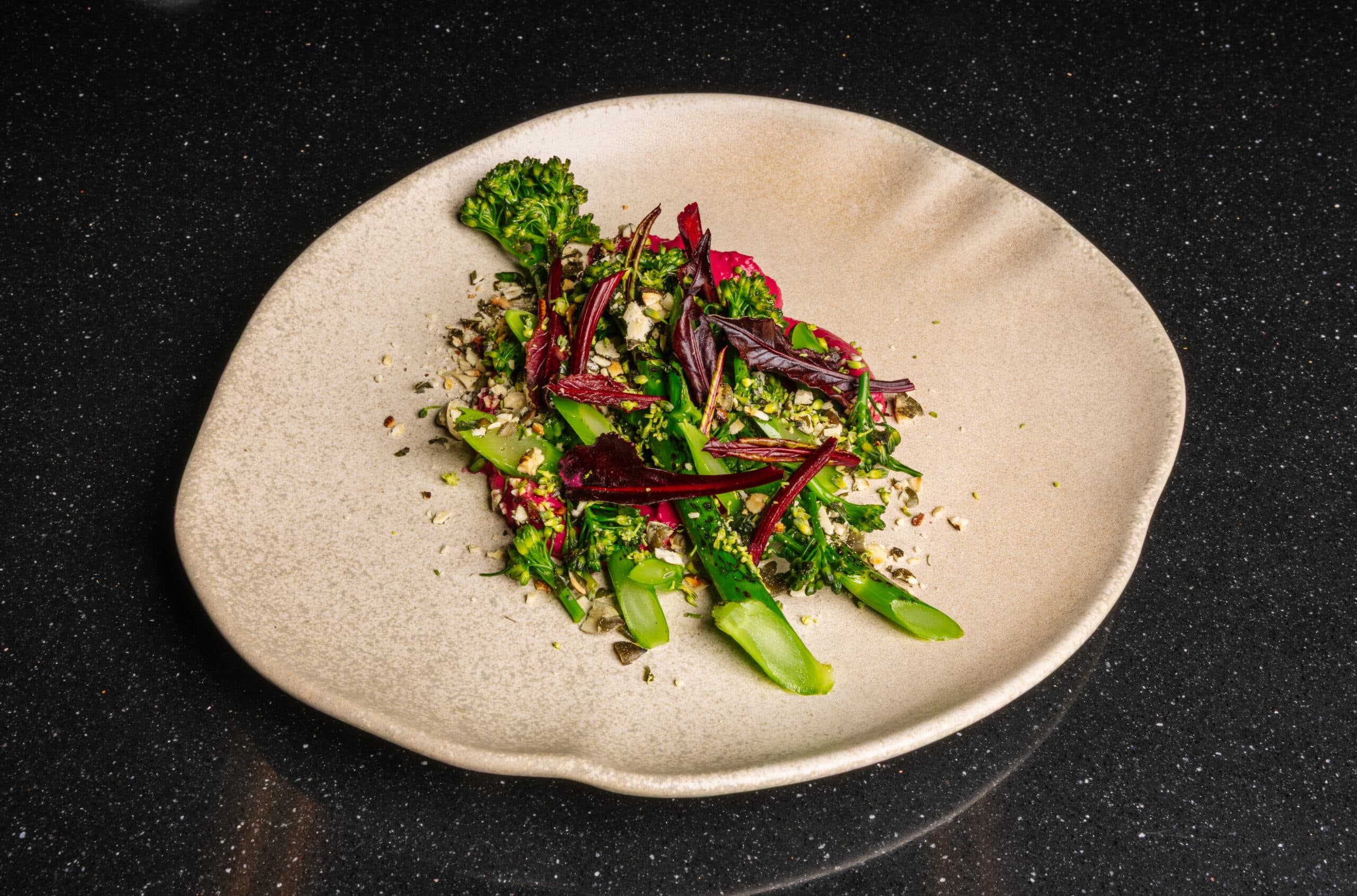 Beetroot hummus with broccoli