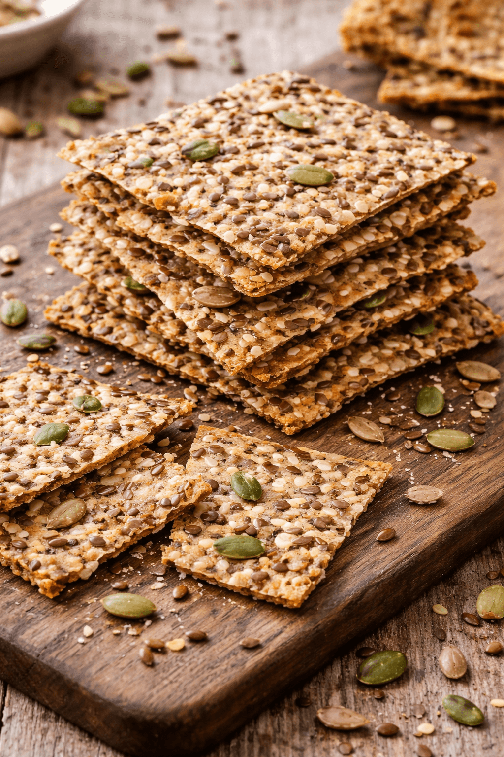 seeded sourdough crackers on a wood plank